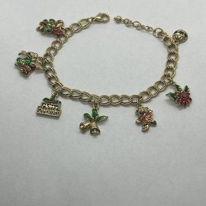 Vintage Christmas Bracelet Chain Links Multi Charm Gold Tone Poinsettia Bells